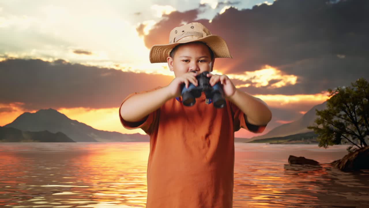 Asian Boy With A Hat Showing Okay Gesture After Looking Through The Binoculars. Boy Researcher Examines Something At A Lake, Travel Tourism Adventure Concept