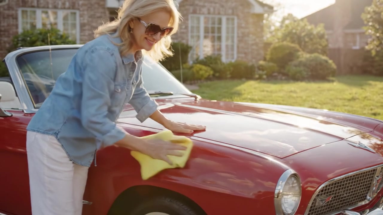 Eine leidenschaftliche Auto-Enthusiastin reinigt ihr klassisches rotes Cabriolet und genießt einen schönen sonnigen Tag, während sie ihr geliebtes Fahrzeug vor ihrem charmanten Zuhause auf Vordermann bringt.