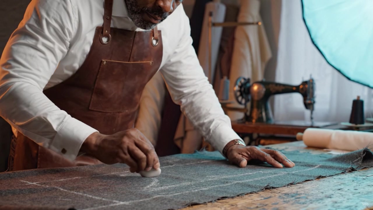 An Experienced Tailor Skillfully Measures and Marks Fabric for Tailoring Garments in a Well-Organized Workshop with Classic Sewing Tools