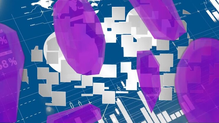 Animation of shapes over financial data processing on blue background