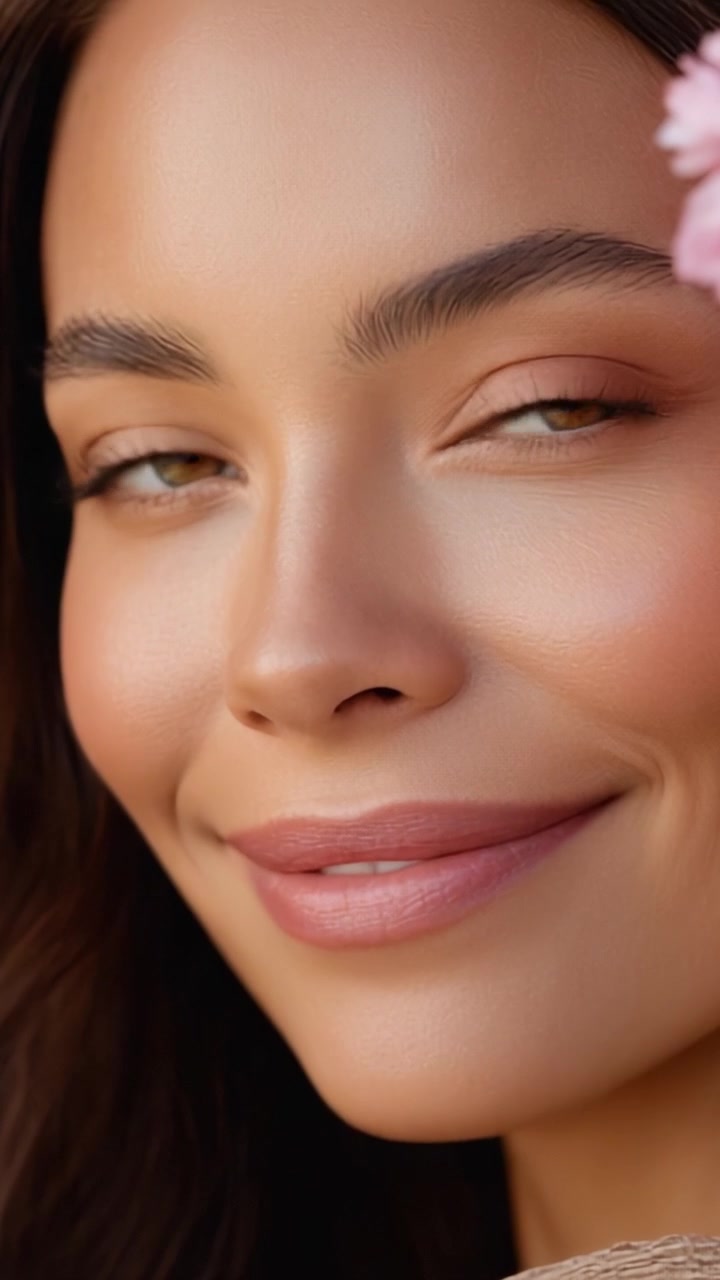Primer plano cautivador de la sonrisa radiante de una mujer, rodeada de flores delicadas y luz natural, resaltando su piel impecable y ojos expresivos.
