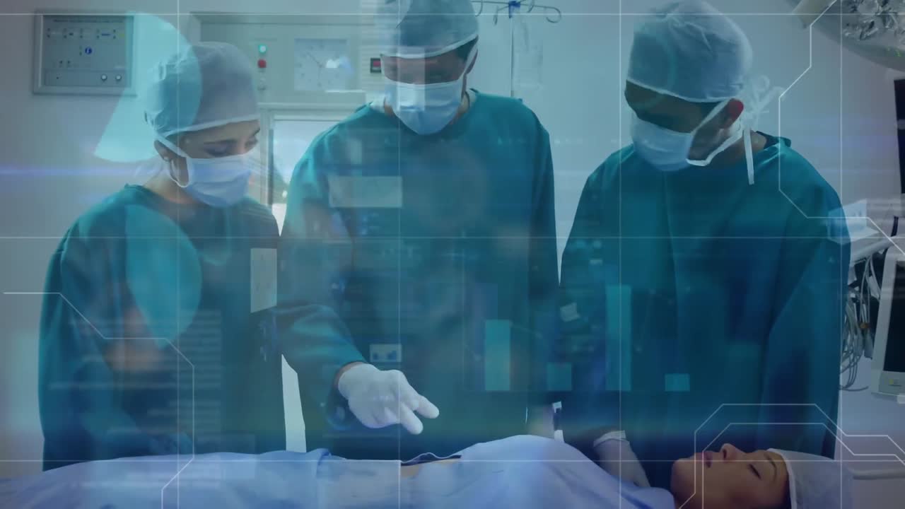 수술 중 백인 외과 의사에 대한 데이터 처리 애니메이션