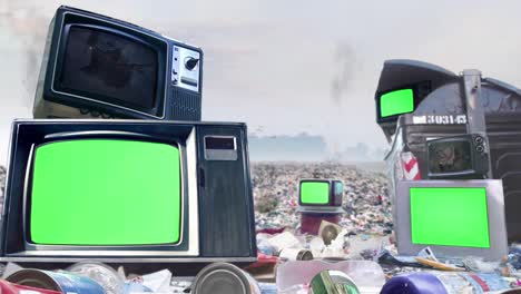 old televisions with green screen in a landfill or rubbish dump. zoom in. 4k.