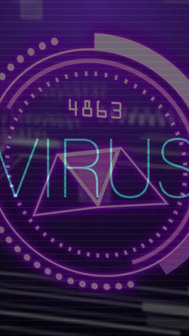 Video verticale: Glitch che inizia mentre una lettura HUD viola in calo e un arco si sposta, mostrando VIRUS.