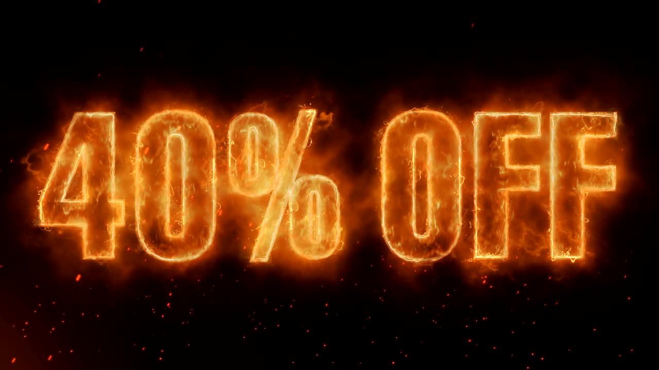 40% de descuento en la palabra quema caliente en fuego realista llamas chispas y humo animación de bucle continuo sin problemas