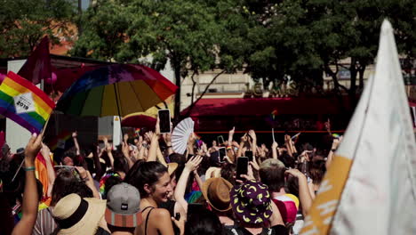 the crowd going wild while listening to the music of one of the trucks at the pride parade in paris, france. the video is slowed down to 30 frames from 120.