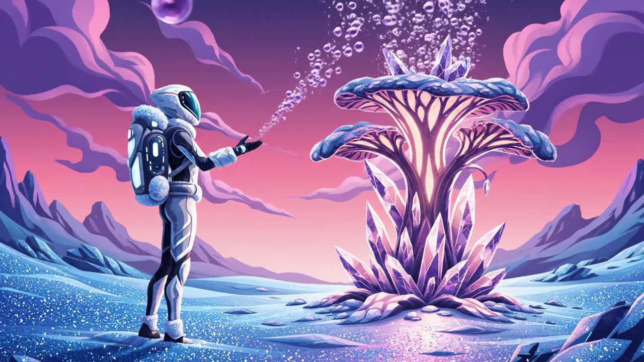 Astronaut Exploring an Alien Landscape with Bubbles and Crystals