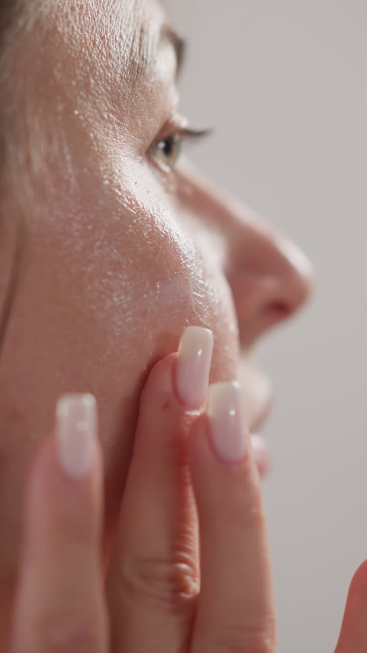 donna rompe la crema idratante per il viso con la punta delle dita. giovane donna con i capelli scuri massaggia il viso con crema idritante trasparente in bagno slow motion