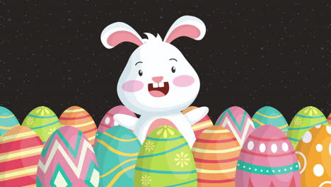 feliz tarjeta animada de pascua con conejo y huevo pintado