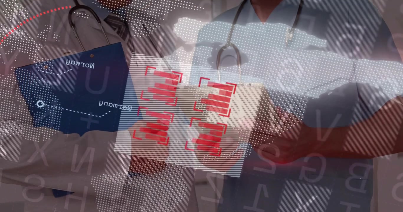 Doctors gesturing at blue clipboard launching animated map moving numbers for patient review