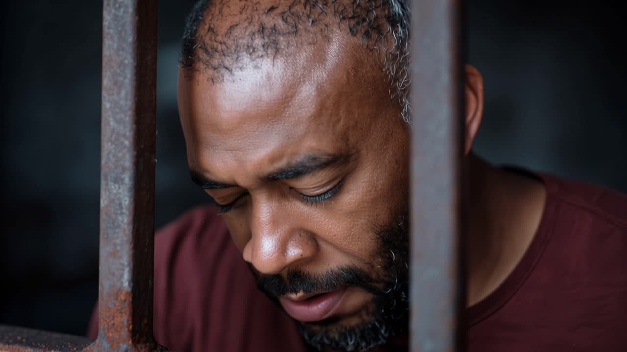 Man grips bars, eyes heavy with despair. He looks up, then down, then away. His face shows quiet sorrow and exhaustion. He's alone, behind prison bars. Use for stories of confinement, justice