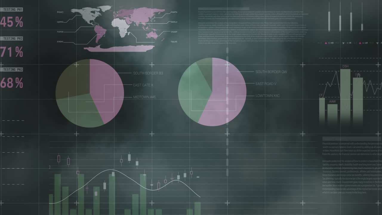 video compuesto del procesamiento de datos estadísticos contra nubes en el cielo oscuro