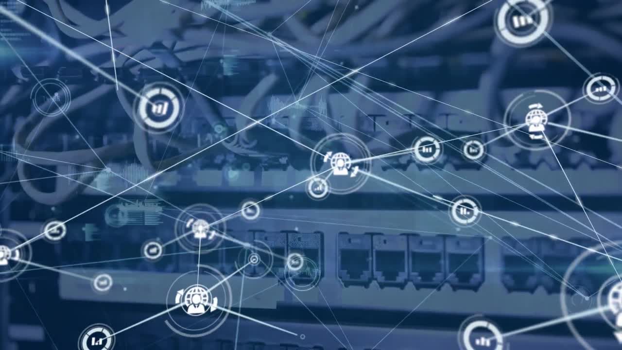 Animation of network of digital icons and data processing against close up of a computer server