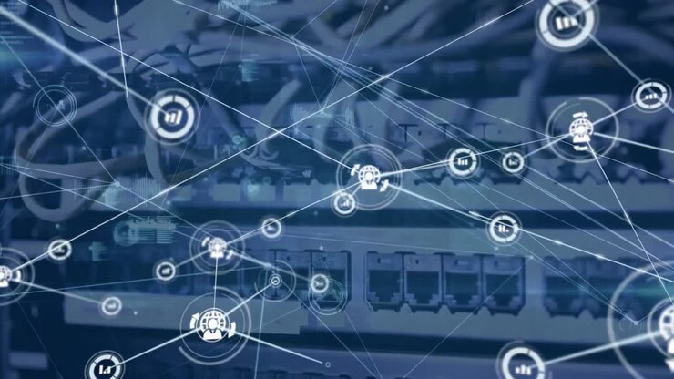 Animation of network of digital icons and data processing against close up of a computer server