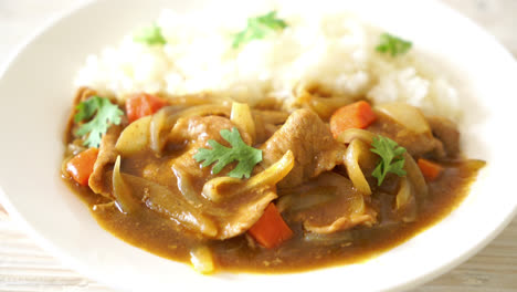 Arroz-Al-Curry-Japonés-Con-Lonchas-De-Cerdo,-Zanahoria-Y-Cebolla