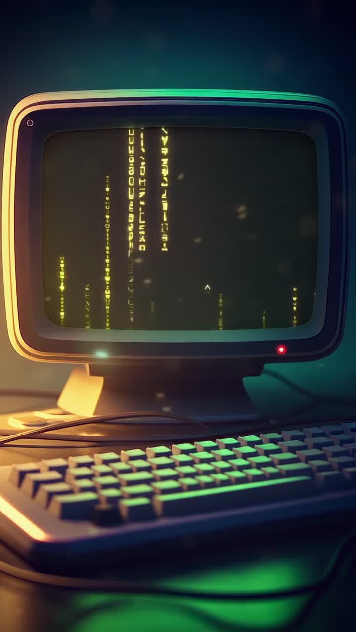 Retro Computer Monitor Displaying Green Matrix Code