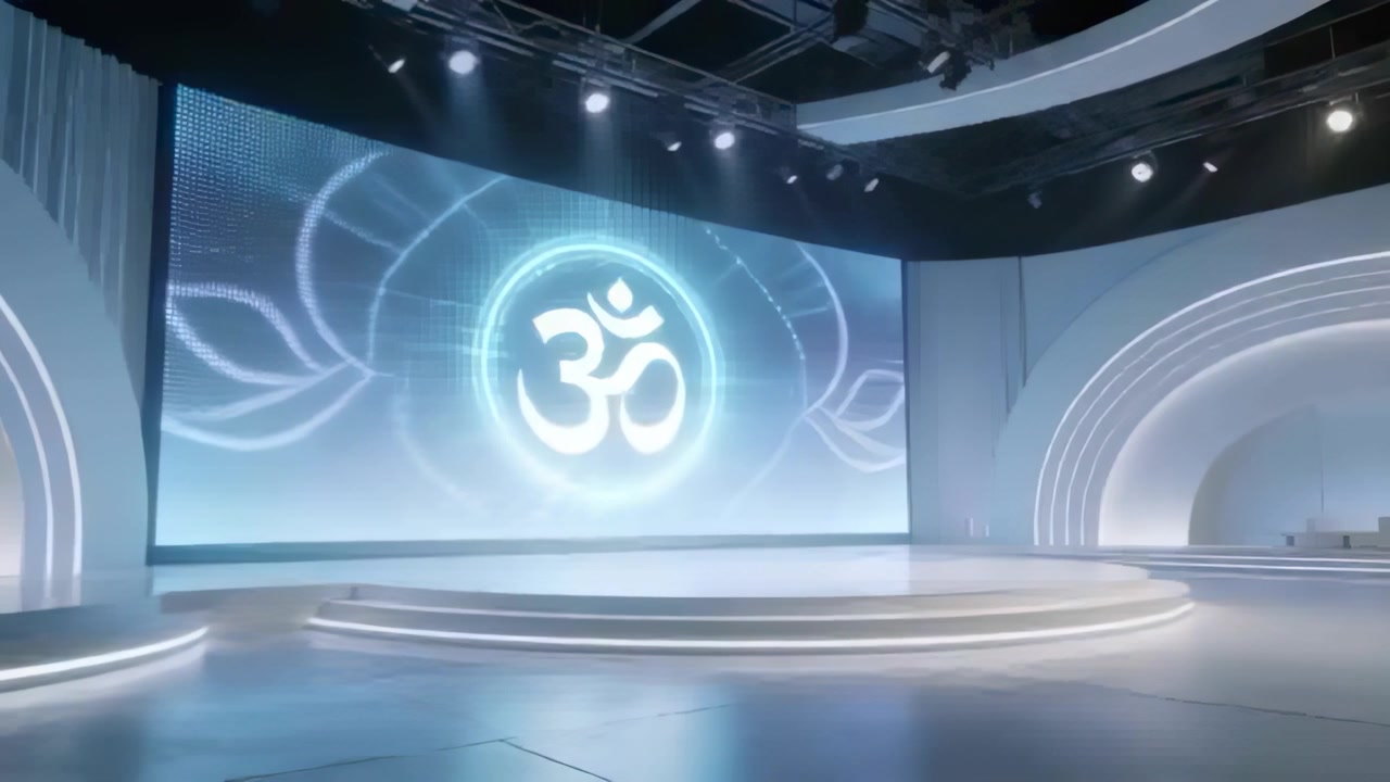 Lyssignal starter buet LED-væg og rund scene, der pulserer til et event i et studie, med et glødende Om-symbol.