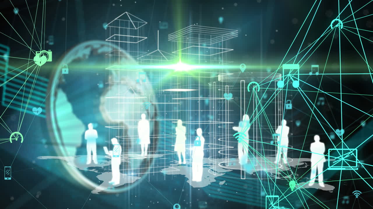 Animation of network of connections with icons over globe and people's silhouettes