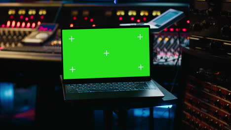 productor de grabación de canciones junto a la computadora portátil que muestra una maqueta de pantalla aislada