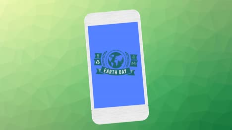 animation of earth day text and globe logo over smartphone screen on green