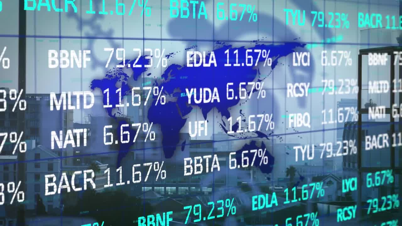 Animation of data processing and world map over cityscape
