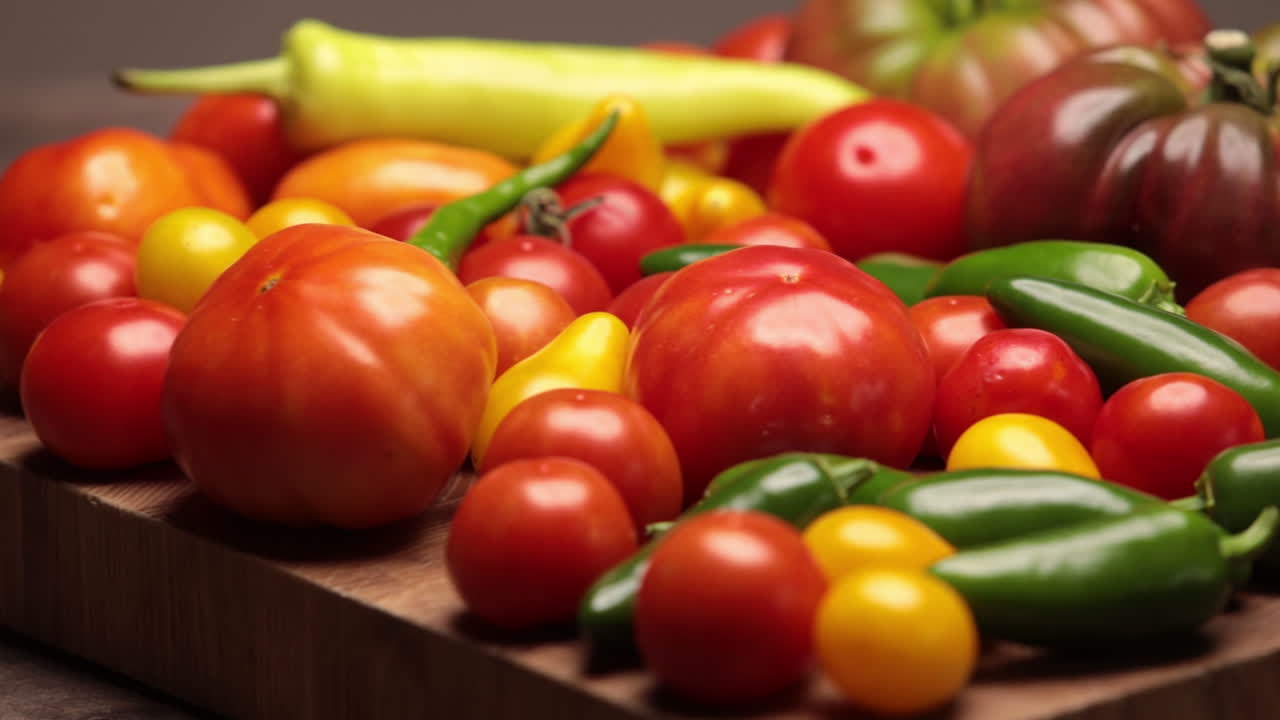 endecha plana sobre madera de palet rústica envejecida tomate morado cherokee pimiento jalapeño tomates rojos y amarillos cayena y pimiento amarillo con tabla de cortar de madera dura