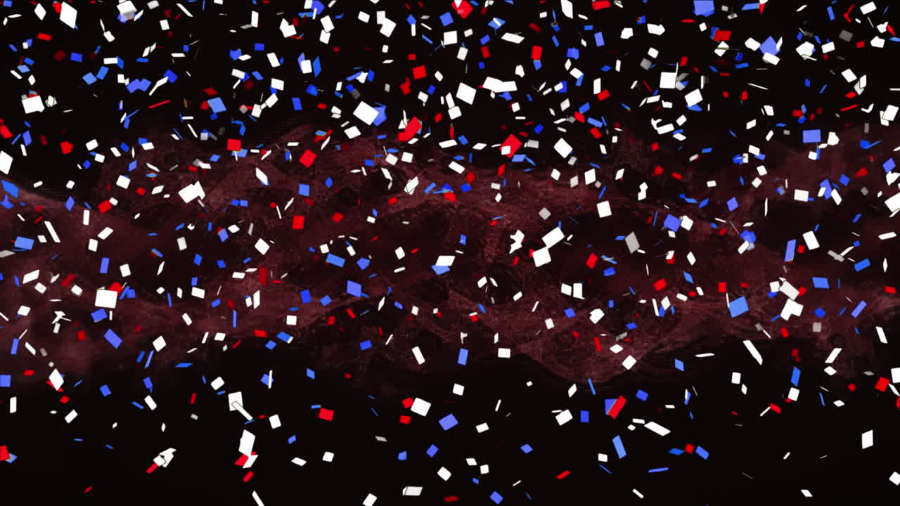 Animation of blue and red confetti over shapes on black background
