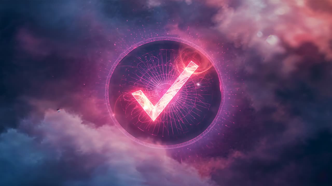 Activating emblem pulsing and brightening via frame sequence over nebula, revealing checkmark halo