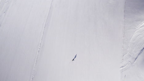 top down drone shot of lonely skier on large ski slope in austria