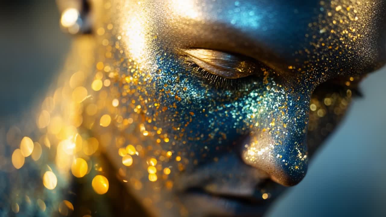Uno splendido primo piano di un volto scintillante, adornato con elementi dorati e blu luccicanti, che crea un effetto ipnotico che mette in mostra bellezza e arte, catturando in modo straordinario l'interazione tra luce e texture.