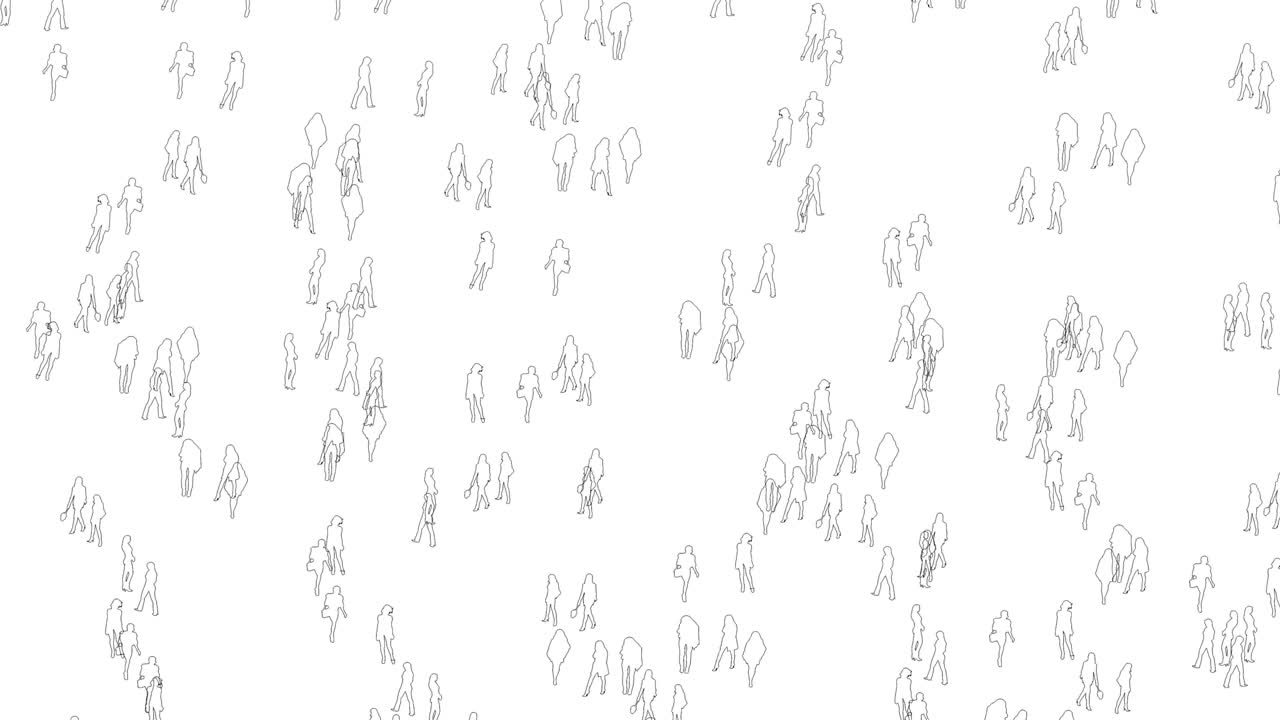 cientos de contornos multirraciales en blanco y negro de personas de pie en una multitud -animación en la cámara giratoria blanca