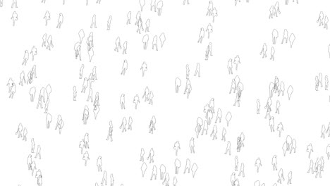 hundreds of multiracial black and white outlines of people standing in a crowd -animation on the white rotating camera
