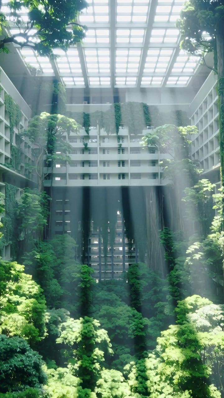 Vertical video: Shifting sunlight piercing skylight, casting shafts on atrium canopy as sun moving