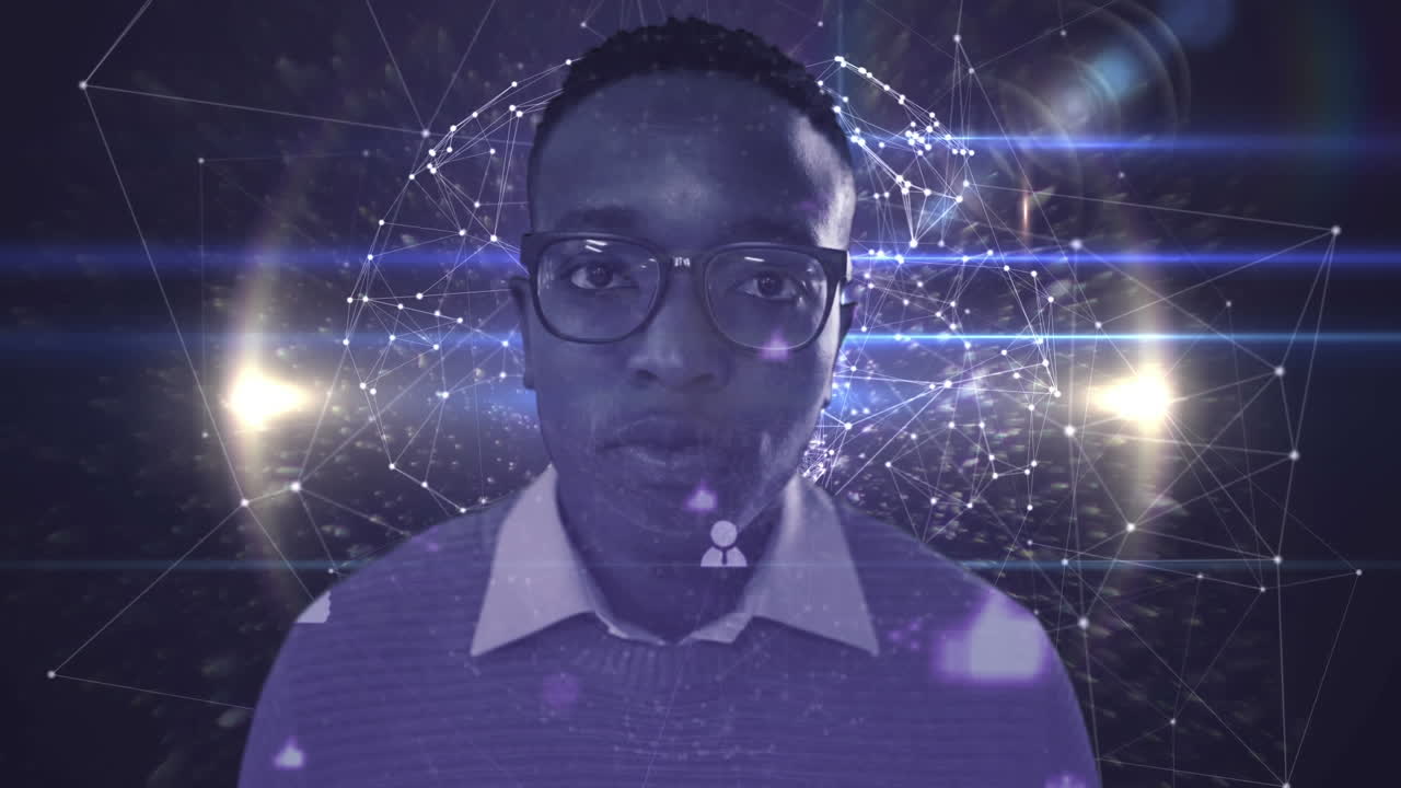 animazione del ritratto di un uomo d'affari contro la rete di connessioni che gira