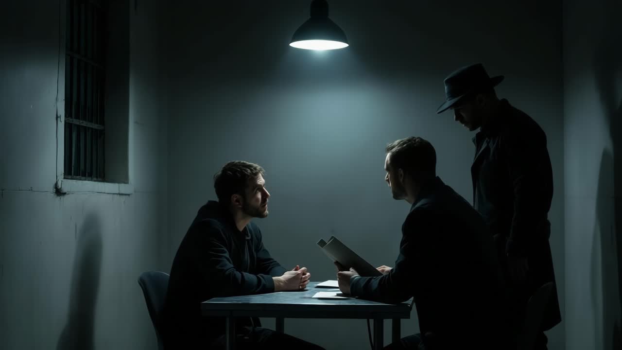 Grim police interrogation scene, seasoned detectives grilling nervous suspect near flickering overhead light, confidential report spread across metal table