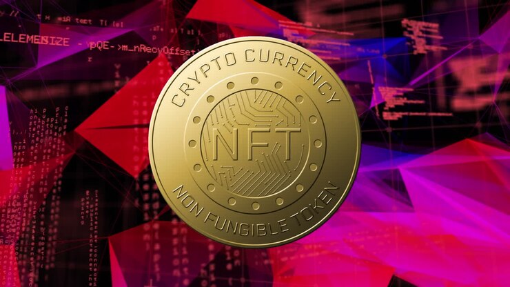 Animazione di testo NFT su moneta d'oro e elaborazione dati su sfondo scuro
