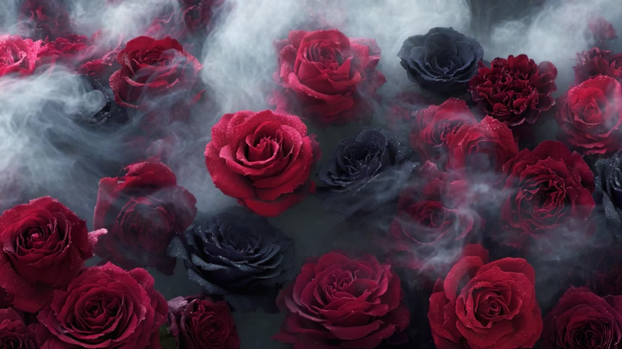 Une magnifique présentation de roses enveloppées d'une brume éthérée, capturant la beauté de la nature dans une composition florale onirique aux couleurs et textures riches.