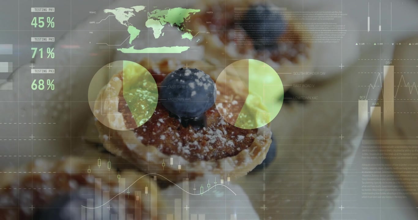 Zoom su grafici a torta che avvia sovrapposizioni di dati, aggiornamento di grafici e comparsa di una mappa per un'infografica