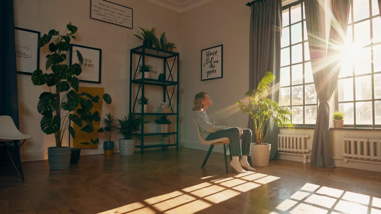 A serene video scene with a wide-angle view of a sunlit room