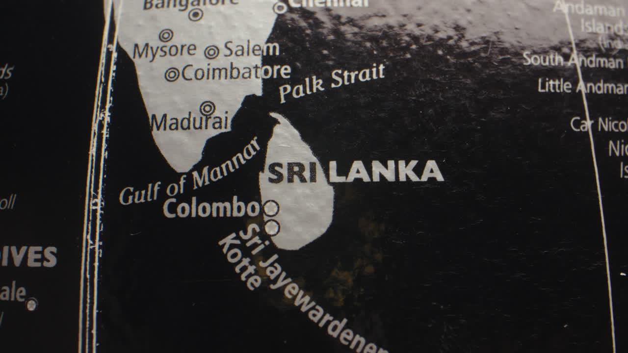 Close-up of a map showing Sri Lanka and parts of India