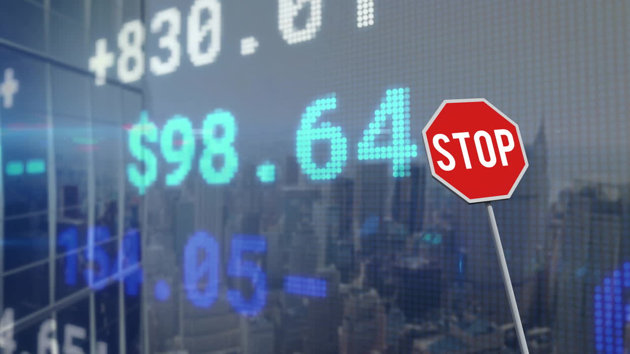 금융 데이터 처리의 애니메이션: 정지 도로 표지판과 도시