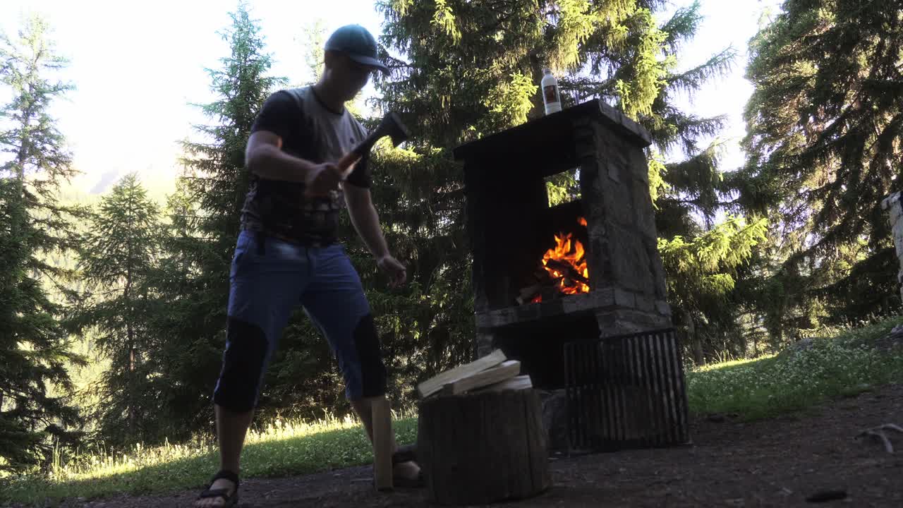 Chopping wood in the forest with slow-motion capture showing strong arm swing