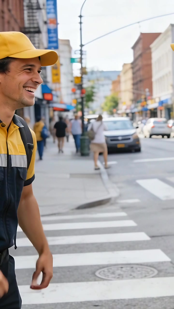 Vertical video: Meeting crossing 2 couriers bumping fists fixing bags heading routes in yellow caps