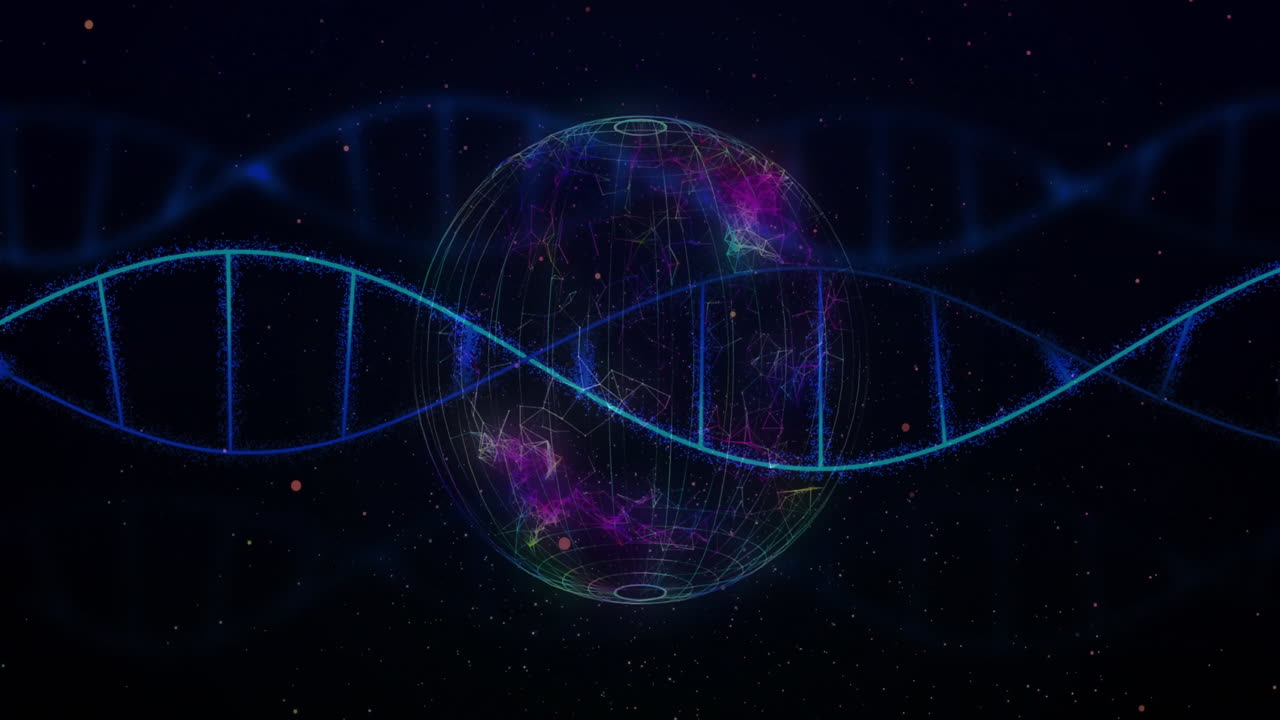 Animazione di globo e filamenti di DNA su elaborazione dati