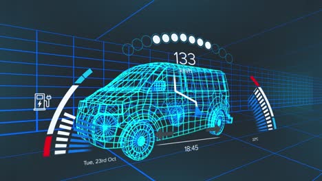 Animation-of-speedometer-over-electric-van-project-on-navy-background