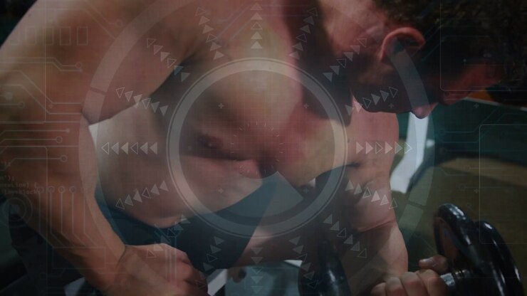 Curling shirtless man wearing red shoes lifting adjustable dumbbell on bench at gym, HUD overlay
