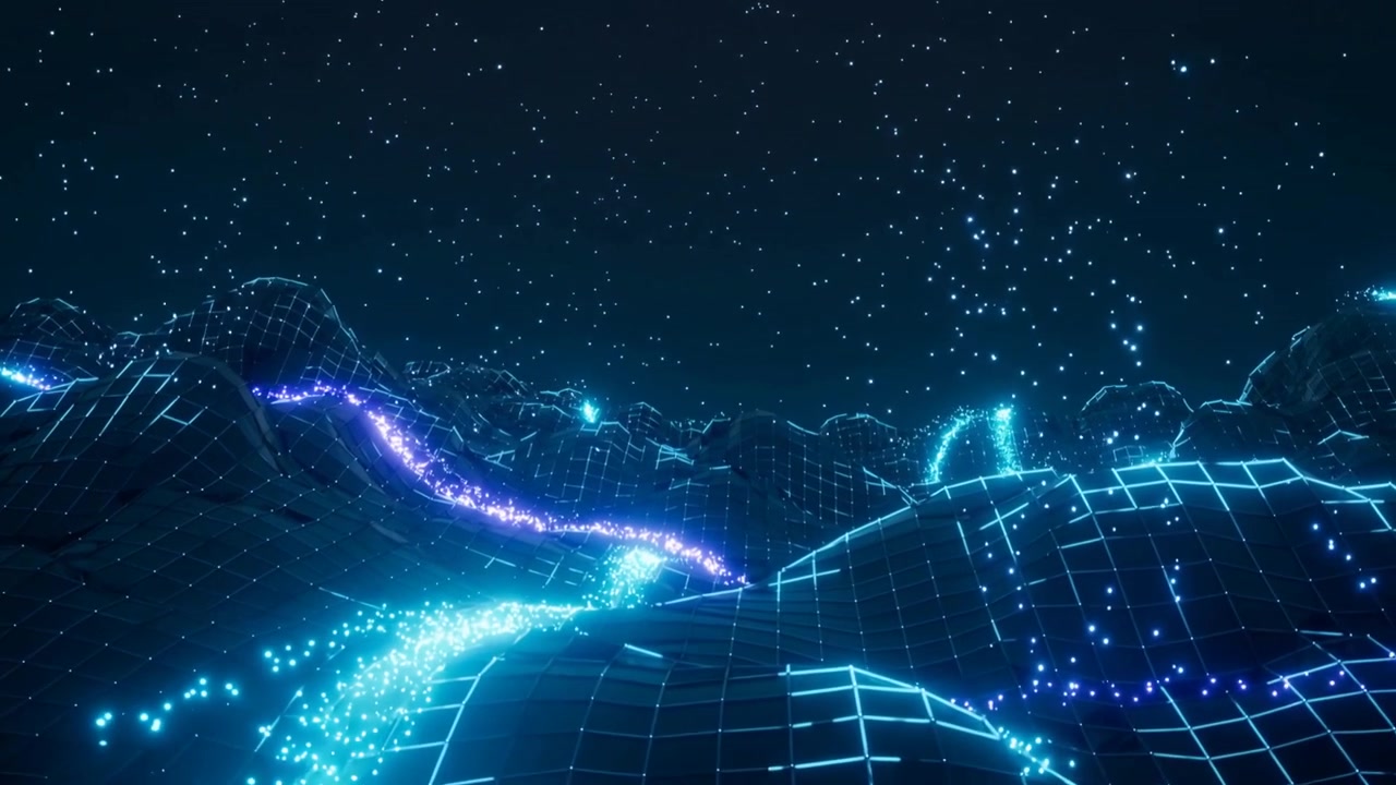 Initial frames starting cyan and purple streams tracing grid valleys under stars, creating channels