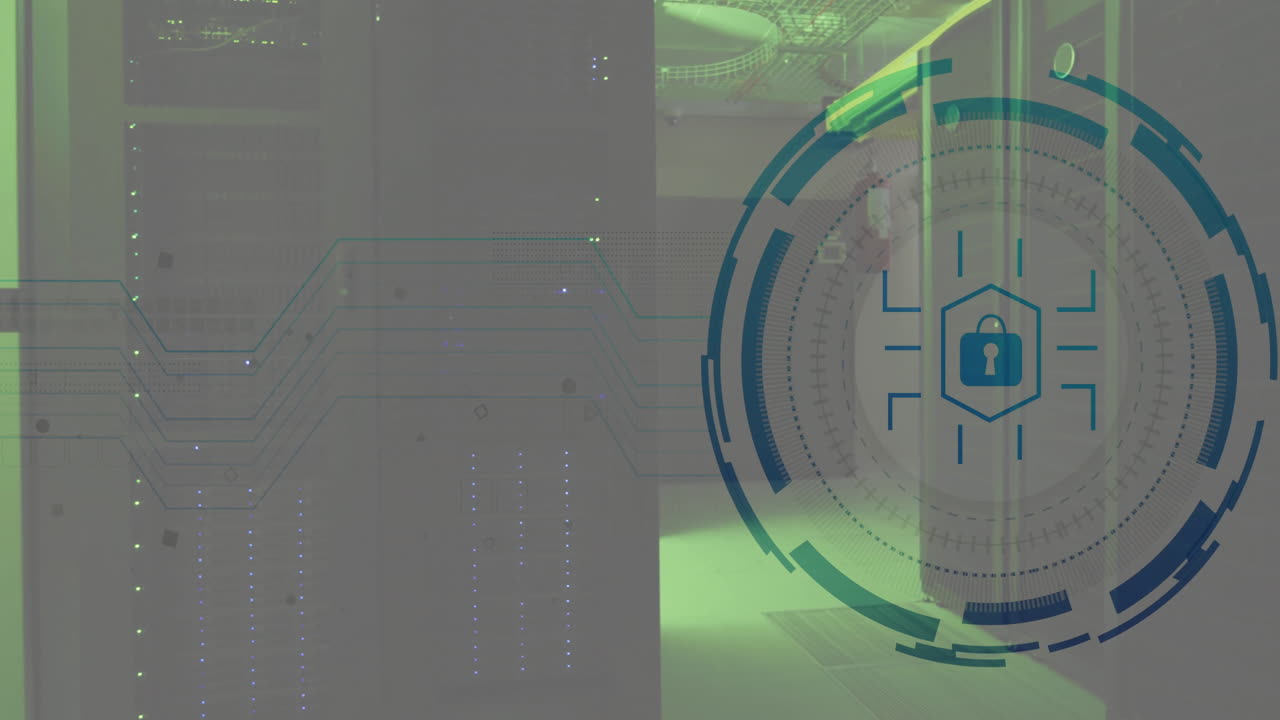 animación de escaneo de alcance con icono de candado sobre la sala del servidor