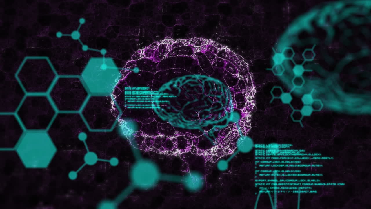 Animation of brain and scientific data processing on black background