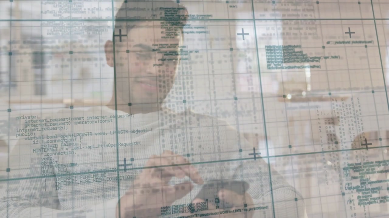 Man moving to center while tapping phone, causing transparent code grid overlay for tech review